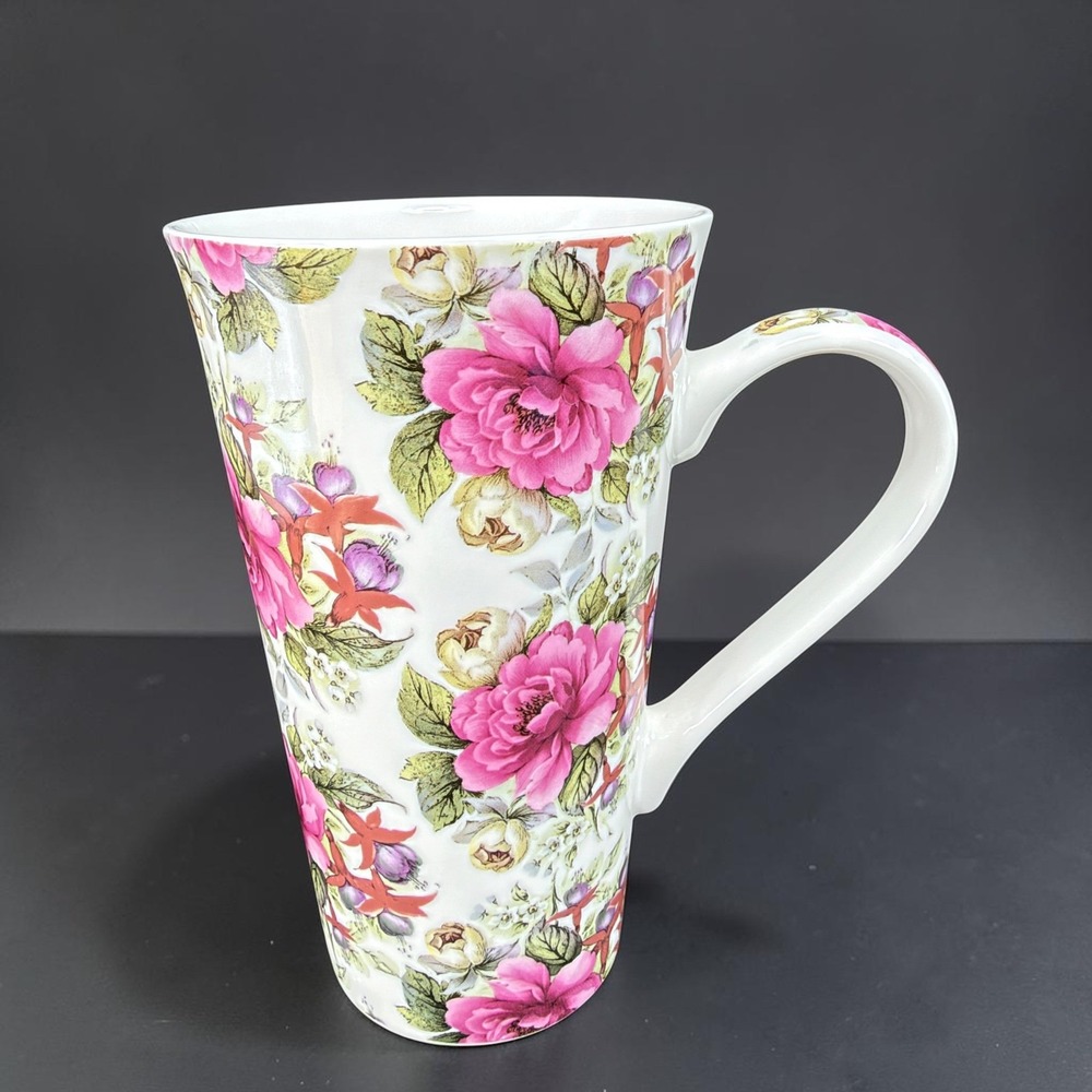 Kent Pottery Large Tall Floral Mug Pink Rose Fuchsia Ceramic Tea Coffee Cup VTG